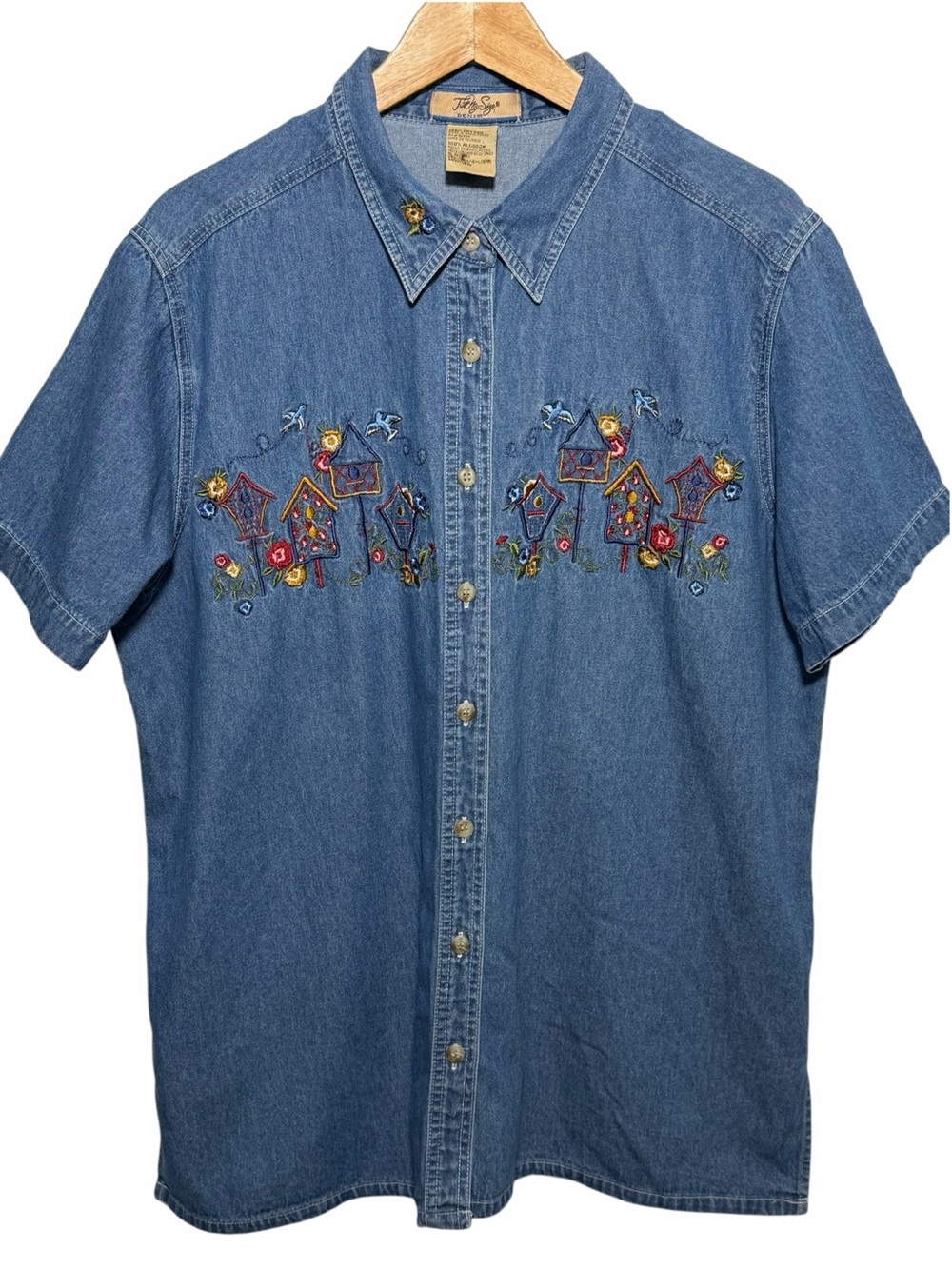 Just My Size Blue Denim Embroidered Short Slv Button Shirt Birdhouse Sz 14W/16W
